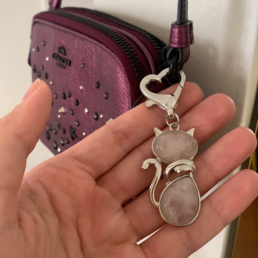 Rose Quartz Crystal Bag Charm Cat Keyring Charm Rose Quartz Kitty Cat Charm - Picture 3 of 3